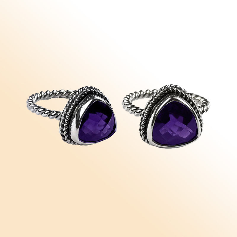 Handcrafted sterling silver Amethyst Quartz ring with faceted trillion purple Quartz and rope bezel, artisan jewelry from Indonesia.