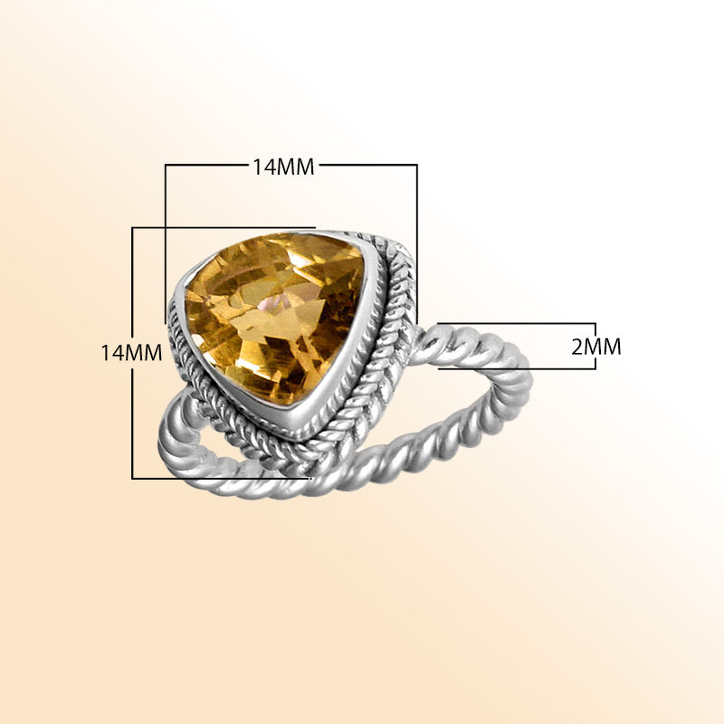 Handcrafted sterling silver Citrine Quartz ring with faceted trillion Yellow Quartz and rope bezel, artisan jewelry from Indonesia.