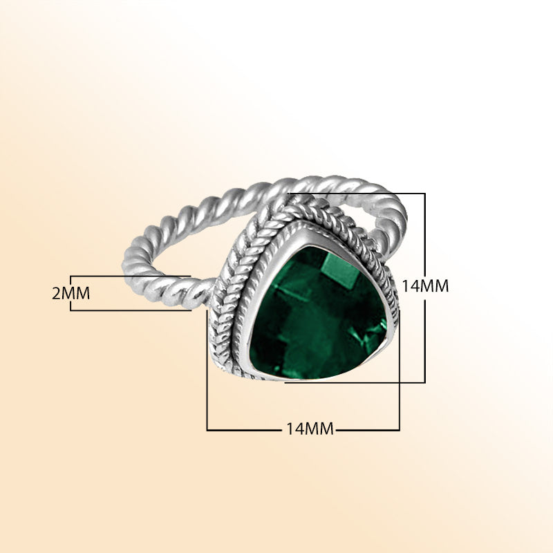 Handmade Bali silver ring with Green Quartz and twisted rope band, artisan design.