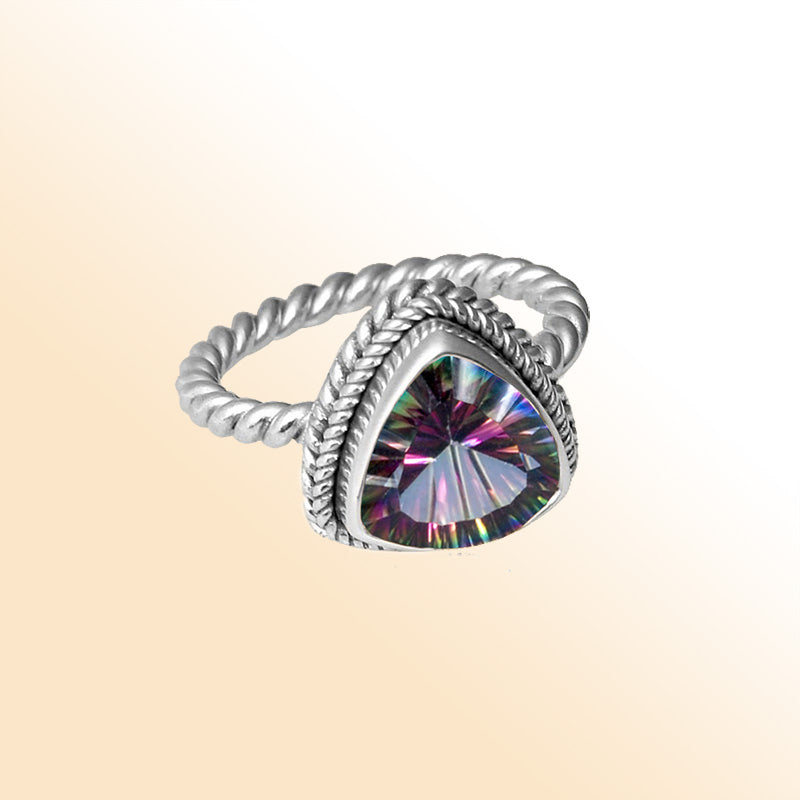 Handmade sterling silver ring featuring Mystic Quartz Triangle and rope band, artisan jewelry from Bali.