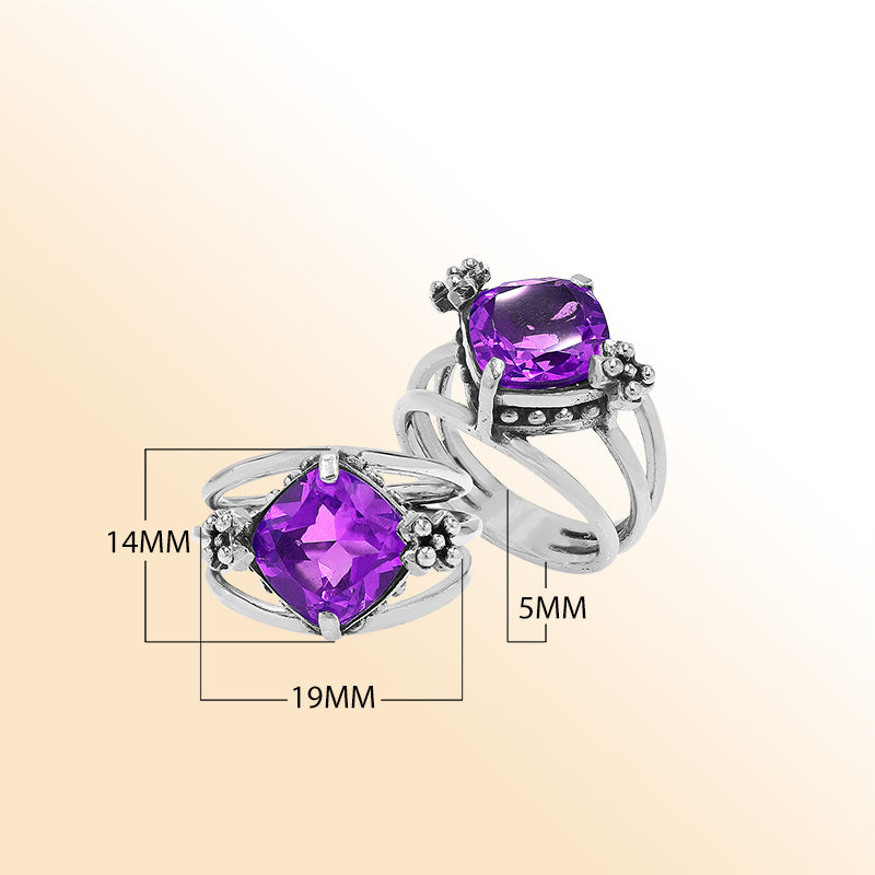 Handmade sterling silver Amethyst Quartz ring with floral details and split shank, artisan Bali jewelry.