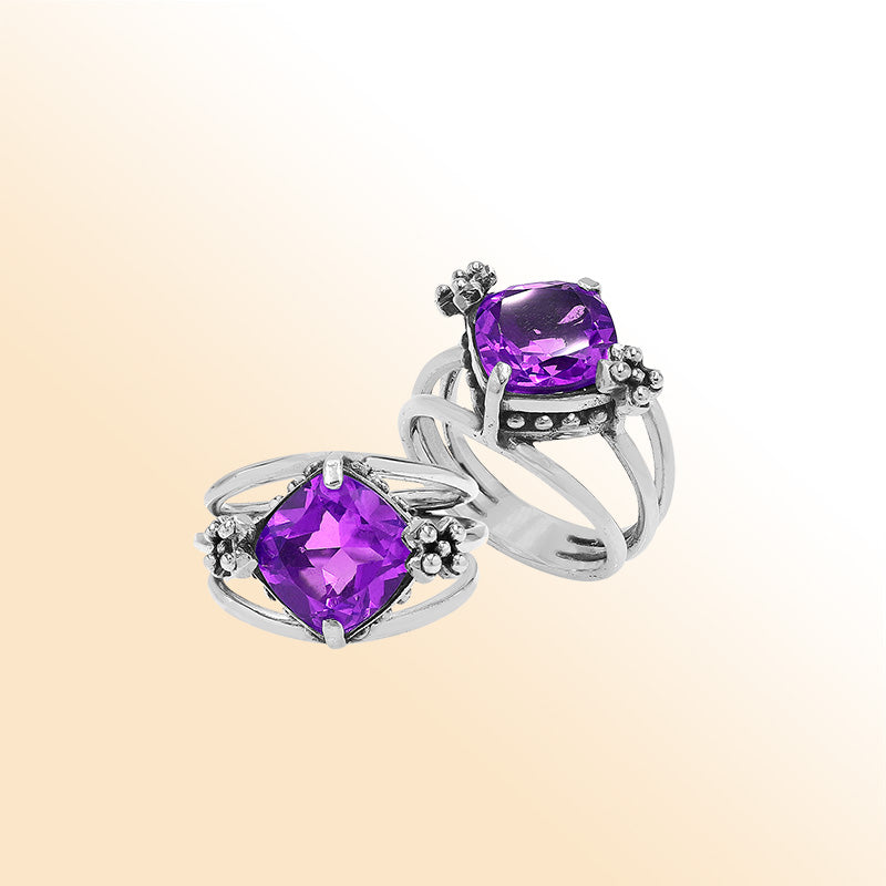 Handmade sterling silver Amethyst Quartz ring with floral details and split shank, artisan Bali jewelry.