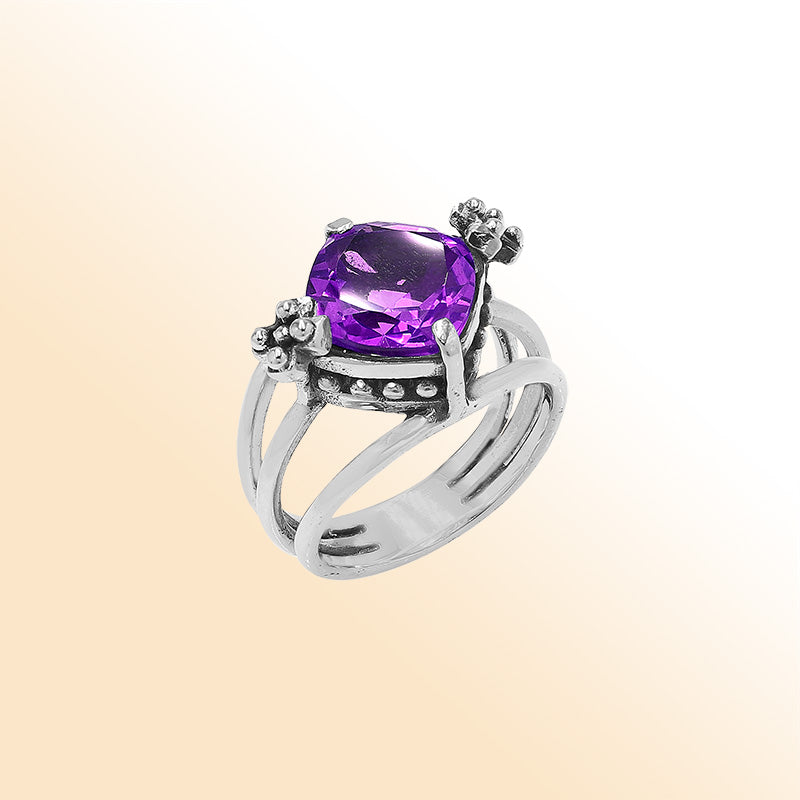 Handmade sterling silver Amethyst Quartz ring with floral details and split shank, artisan Bali jewelry.