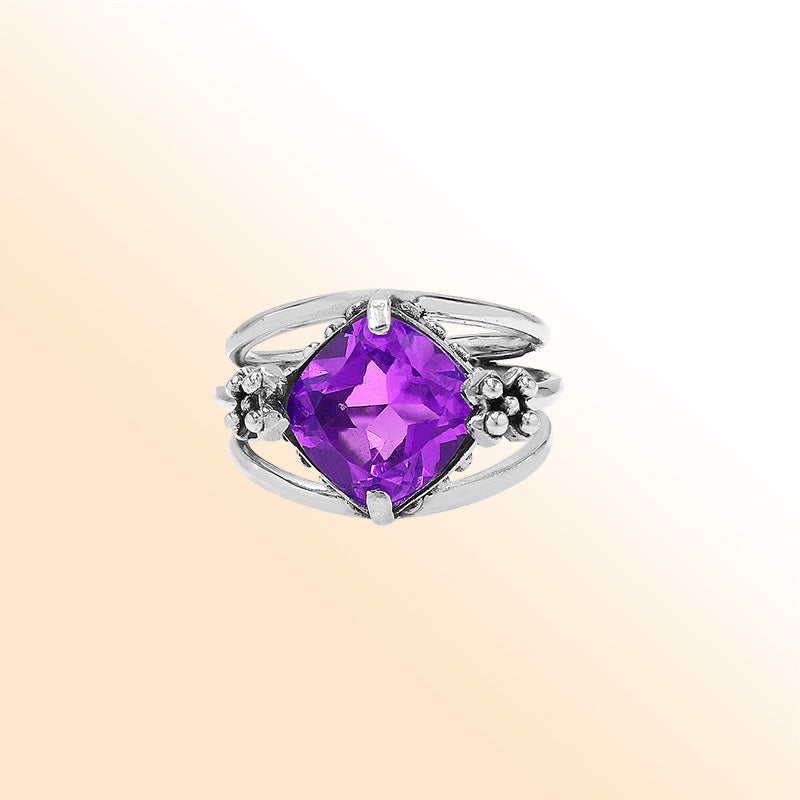 Handmade sterling silver Amethyst Quartz ring with floral details and split shank, artisan Bali jewelry.