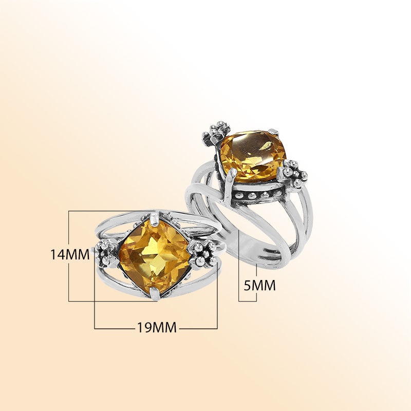 Handmade sterling silver Citrine Quartz ring with floral details and split shank, artisan Bali jewelry.