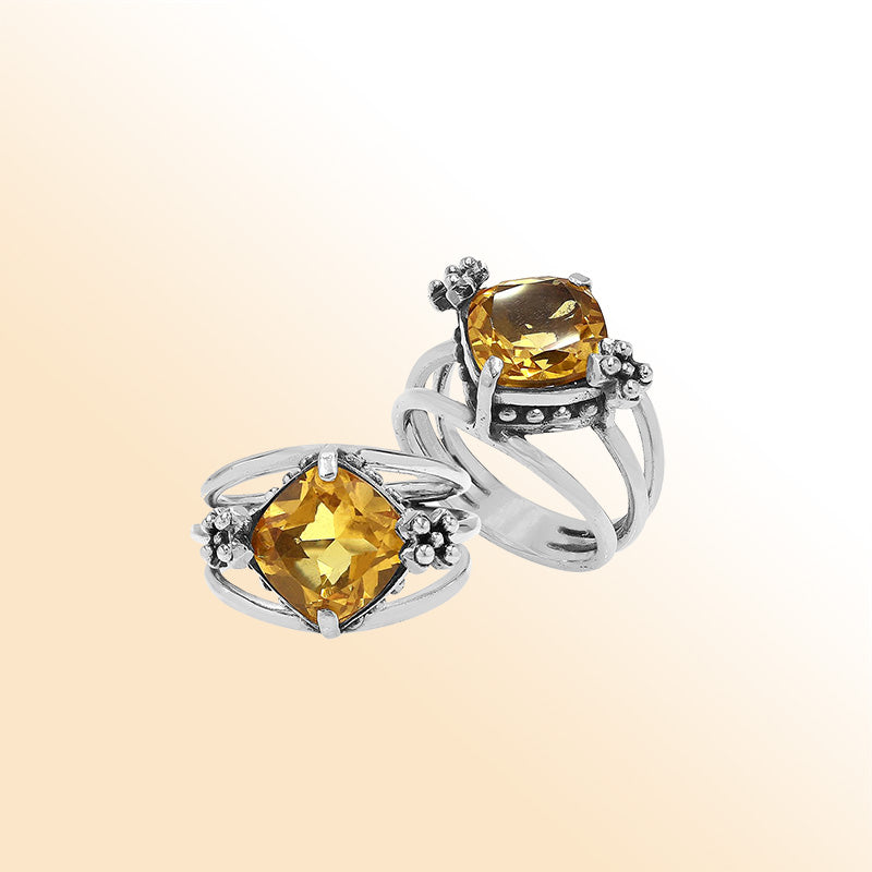 Handmade sterling silver Citrine Quartz ring with floral details and split shank, artisan Bali jewelry.
