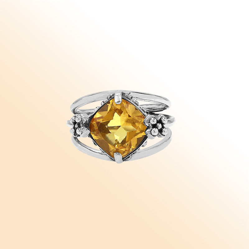 Handmade sterling silver Citrine Quartz ring with floral details and split shank, artisan Bali jewelry.