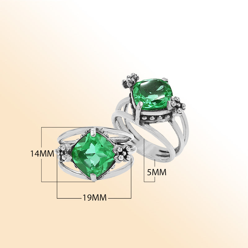 Handmade sterling silver Green Quartz ring with floral details and split shank, artisan Bali jewelry.