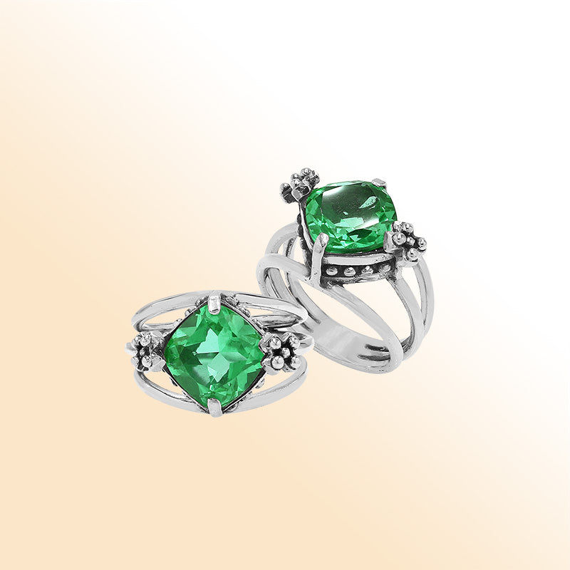 Handmade sterling silver Green Quartz ring with floral details and split shank, artisan Bali jewelry.