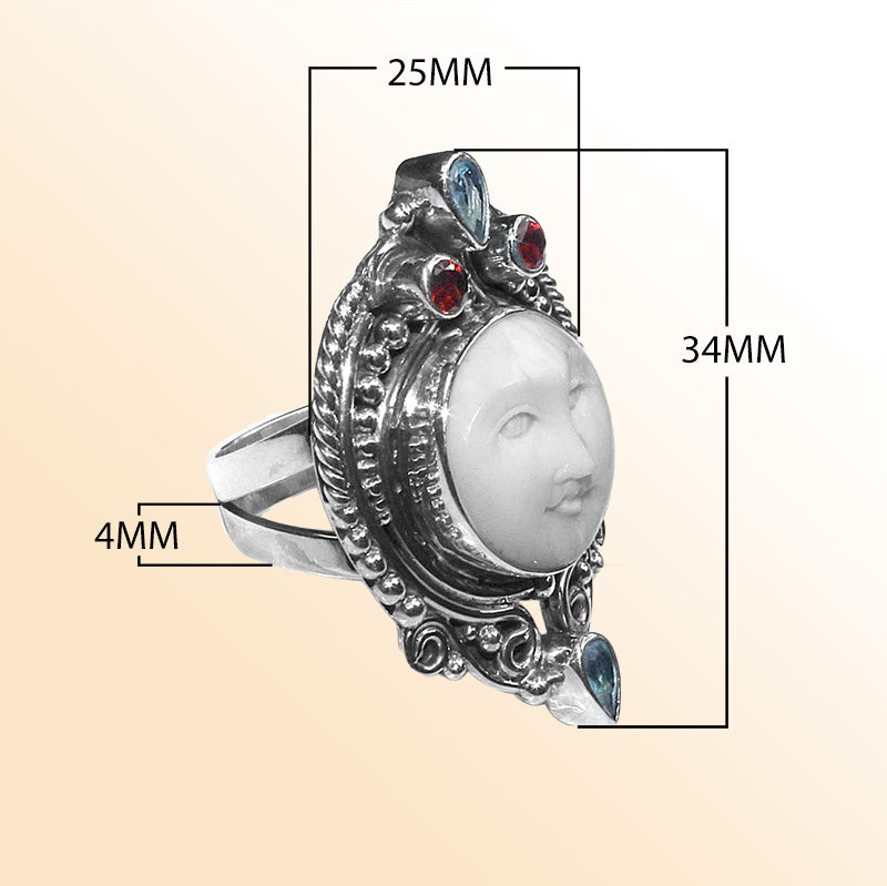 Handmade sterling silver Carved Shell Face Ring with Quartz accents, Balinese artisan jewelry.