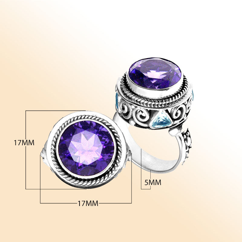 Handmade sterling silver Amethyst Quartz & Blue Topaz Quartz ring with rope bezel, swirl details, and accent stones, artisan Bali jewelry.