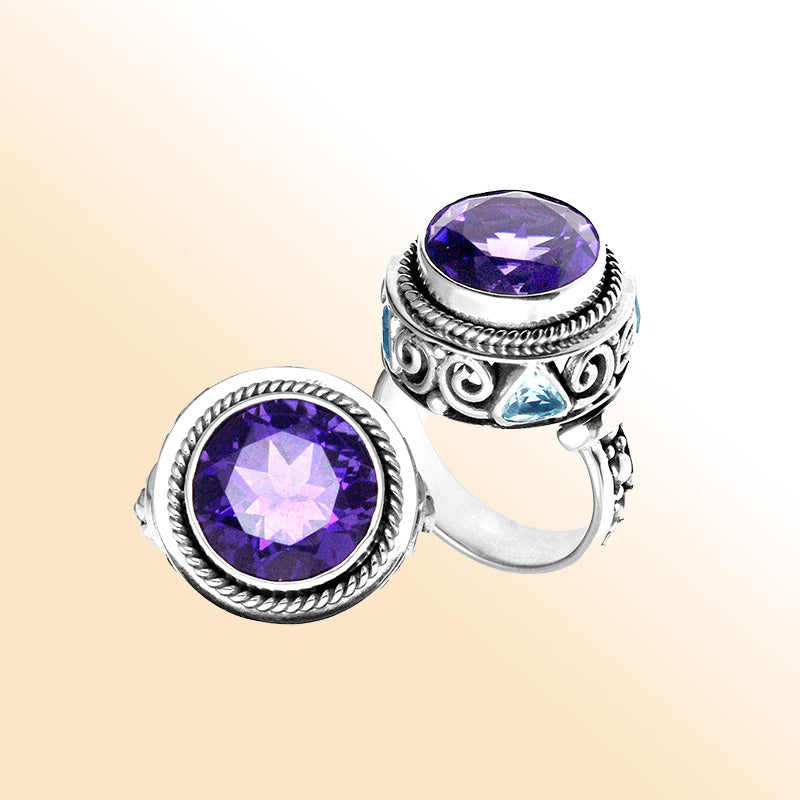 Handmade sterling silver Amethyst Quartz & Blue Topaz Quartz ring with rope bezel, swirl details, and accent stones, artisan Bali jewelry.