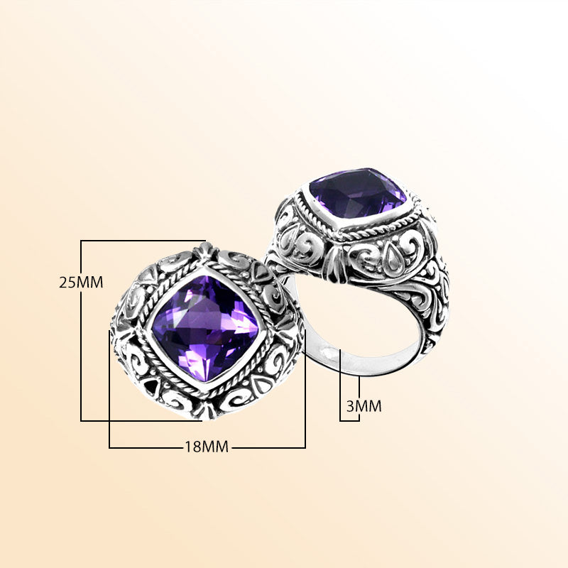 Handmade sterling silver Amethyst Quartz cushion ring with ornate scroll design and rope bezel, artisan Bali jewelry.