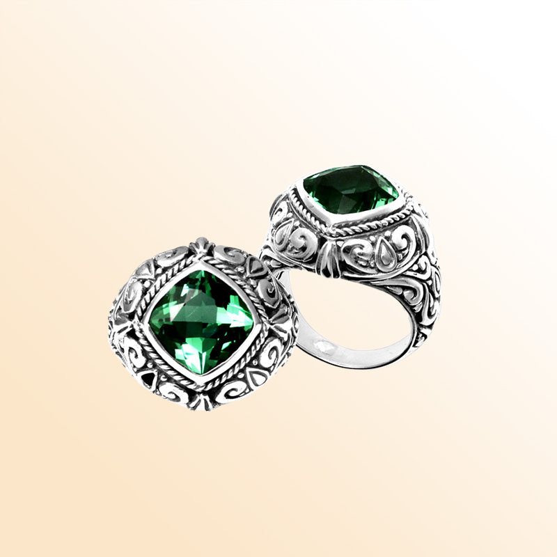 Handmade sterling silver Green Quartz cushion-cut ring with ornate scroll design, artisan Bali jewelry.