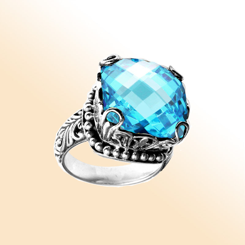 Handmade sterling silver cushion Blue Topaz Quartz ring with filigree and bead accents, artisan Bali jewelry.