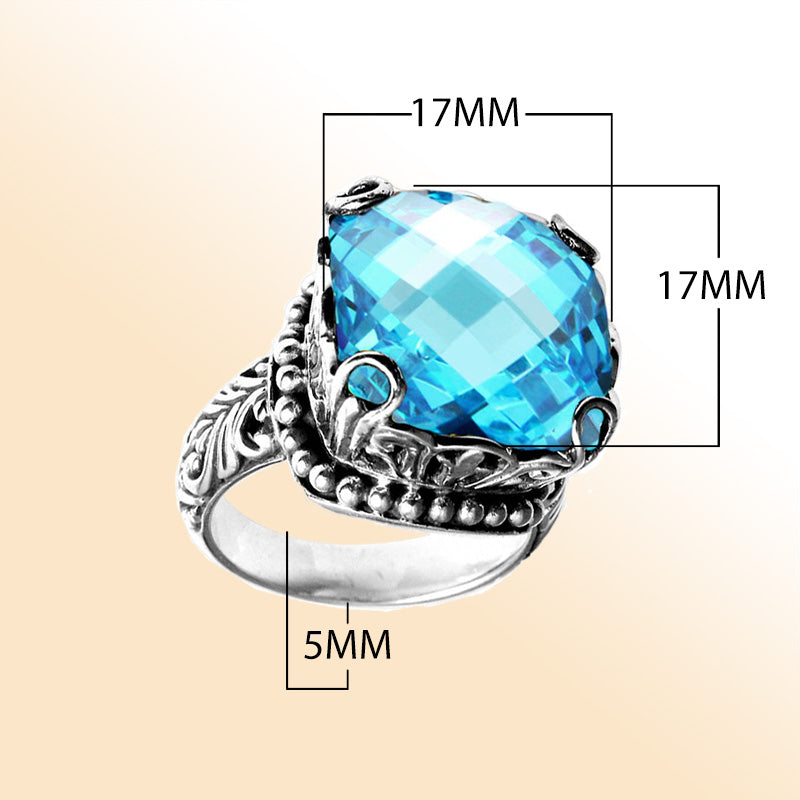 Handmade sterling silver cushion Blue Topaz Quartz ring with filigree and bead accents, artisan Bali jewelry.