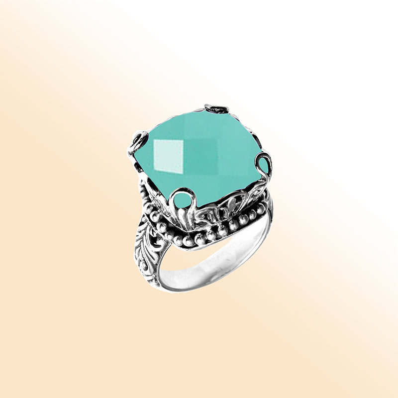 Handmade sterling silver Green  Chalcedony Quartz cushion ring with ornate filigree and bead accents, artisan Bali jewelry.