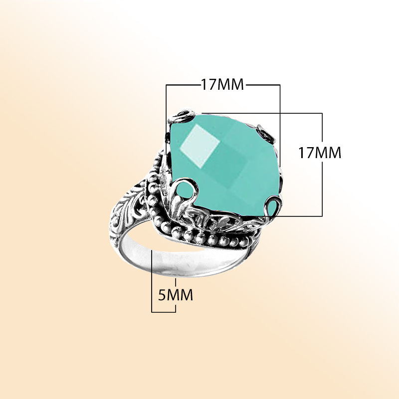 Handmade sterling silver Green  Chalcedony Quartz cushion ring with ornate filigree and bead accents, artisan Bali jewelry.