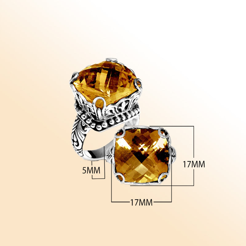 Handmade sterling silver Citrine Quartz cushion ring with ornate filigree and bead details, artisan Bali jewelry.