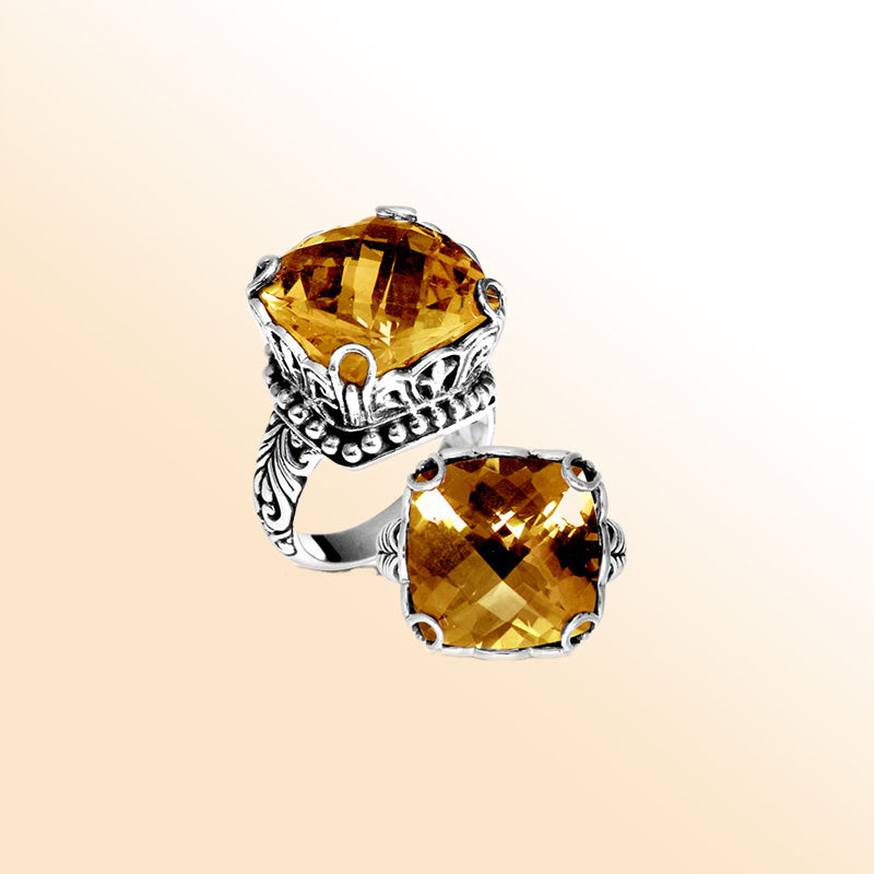 Handmade sterling silver Citrine Quartz cushion ring with ornate filigree and bead details, artisan Bali jewelry.