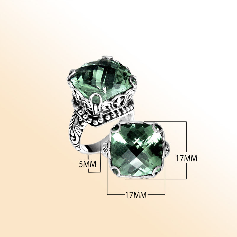 Handmade sterling silver cushion-cut Green Amethyst Quartz ring with ornate filigree and bead detailing, artisan Bali jewelry.