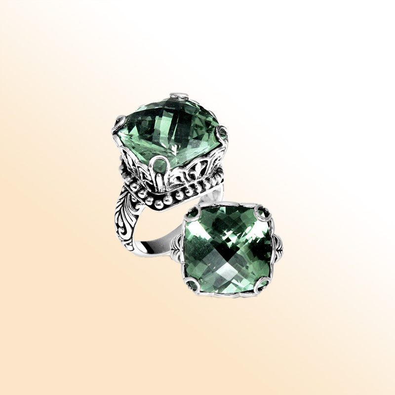 Handmade sterling silver cushion-cut Green Amethyst Quartz ring with ornate filigree and bead detailing, artisan Bali jewelry.