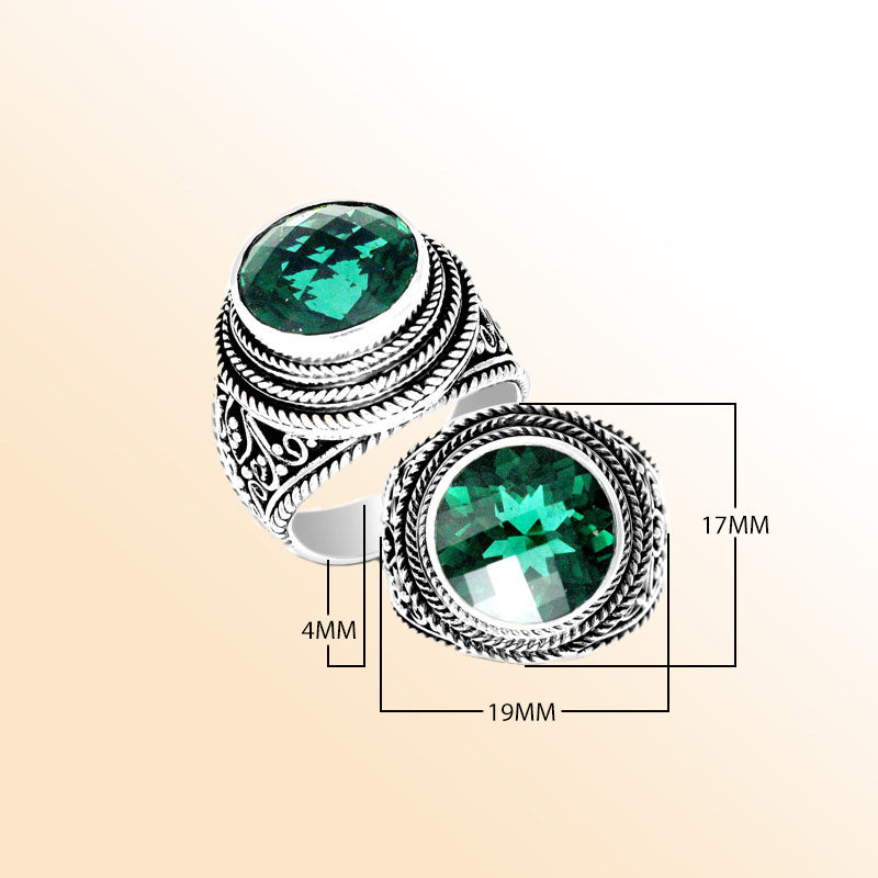 Handcrafted Bali sterling silver ring with round Green Quartz and rope scroll design.