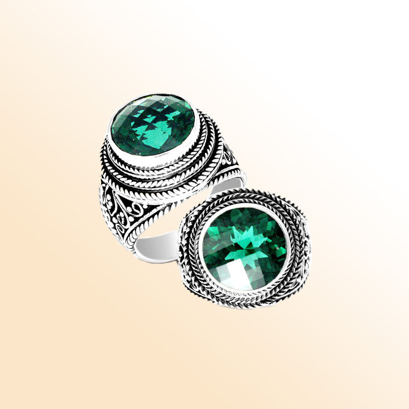 Handcrafted Bali sterling silver ring with round Green Quartz and rope scroll design.