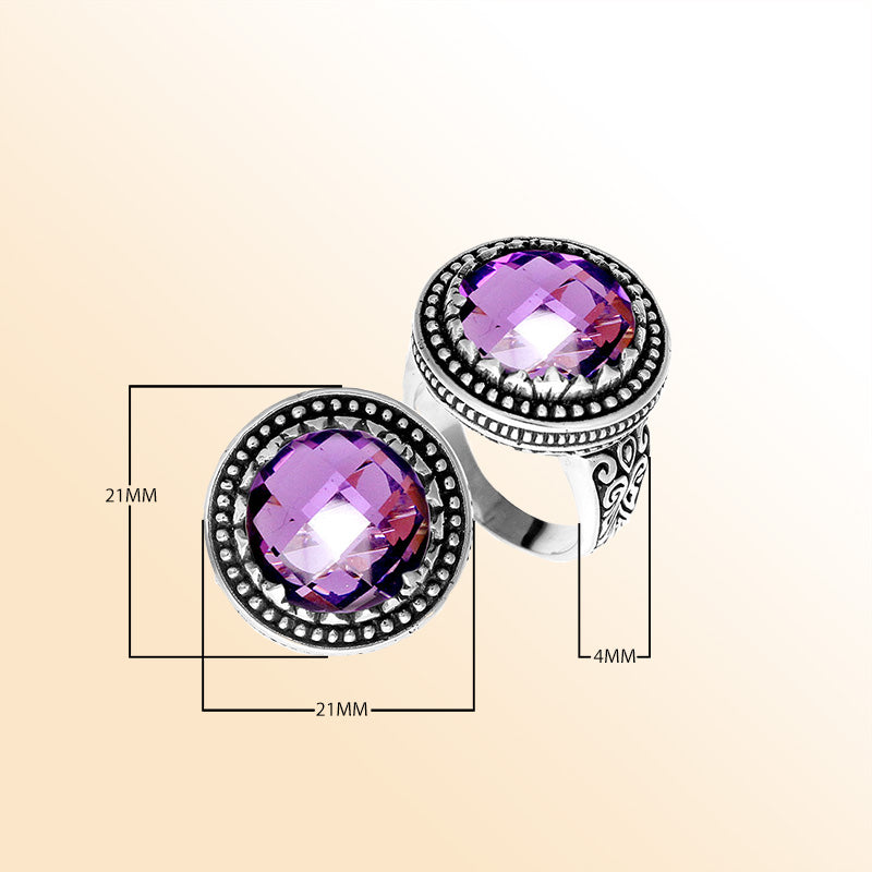 Handcrafted Bali sterling silver ring with faceted Amethyst Quartz and beaded halo design.