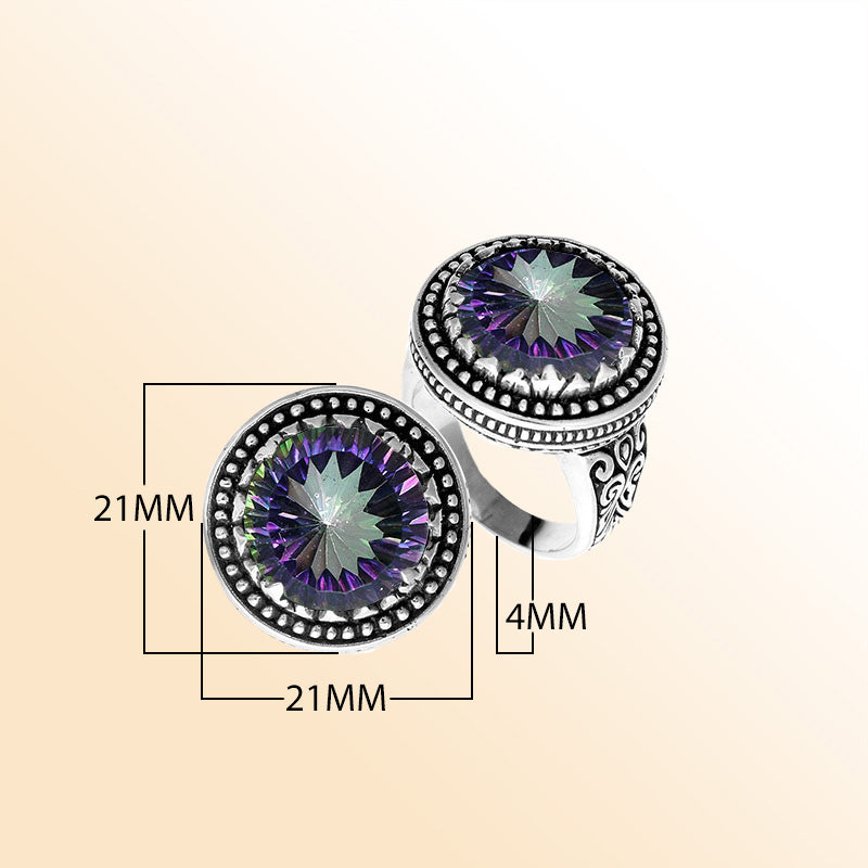 Handcrafted sterling silver Bali ring with Mystic Quartz and beaded halo design.