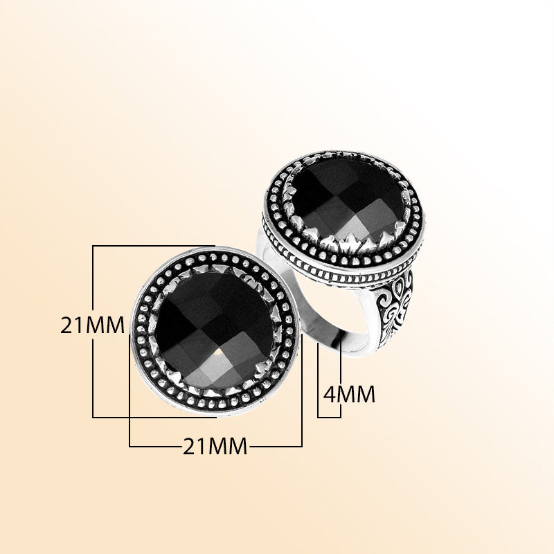 Handcrafted sterling silver Bali ring with faceted Black Onyx and beaded halo design.