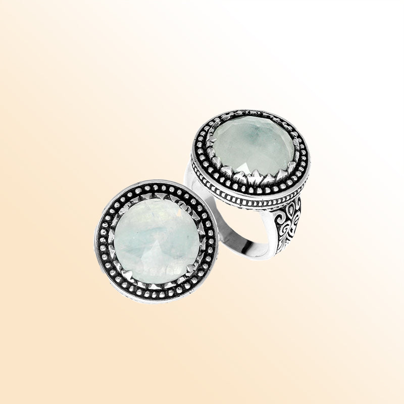 Handcrafted Bali sterling silver ring with Rainbow Moonstone and beaded halo design.