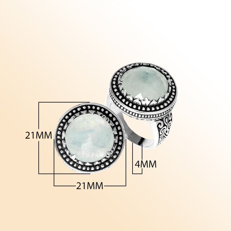 Handcrafted Bali sterling silver ring with Rainbow Moonstone and beaded halo design.