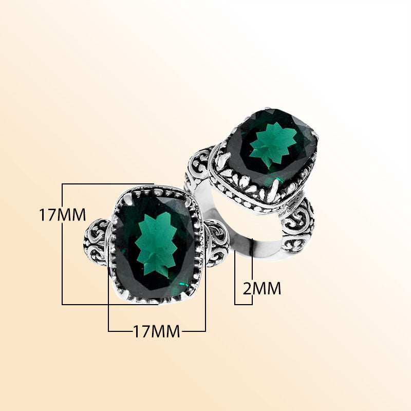 Handcrafted sterling silver Bali cushion-cut Green Quartz ring with scrollwork design.