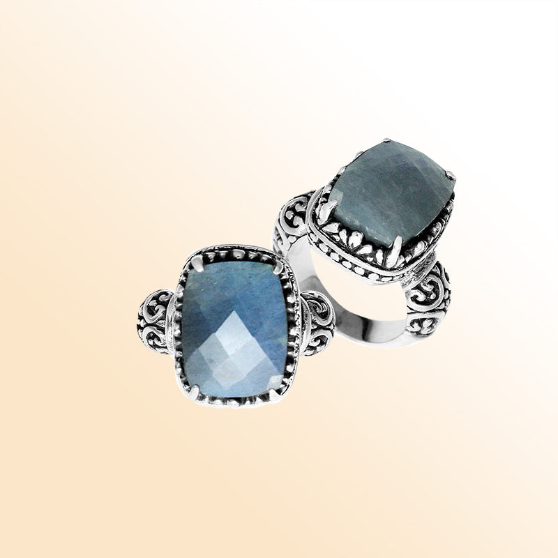 Handcrafted Bali sterling silver cushion-cut Labradorite ring with scrollwork design.