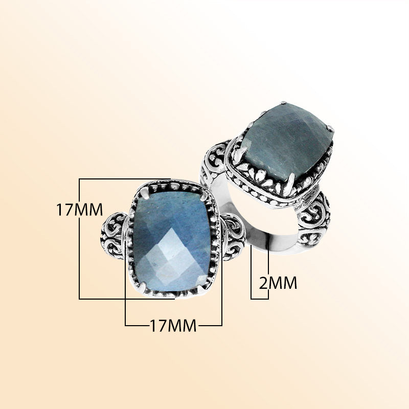 Handcrafted Bali sterling silver cushion-cut Labradorite ring with scrollwork design.
