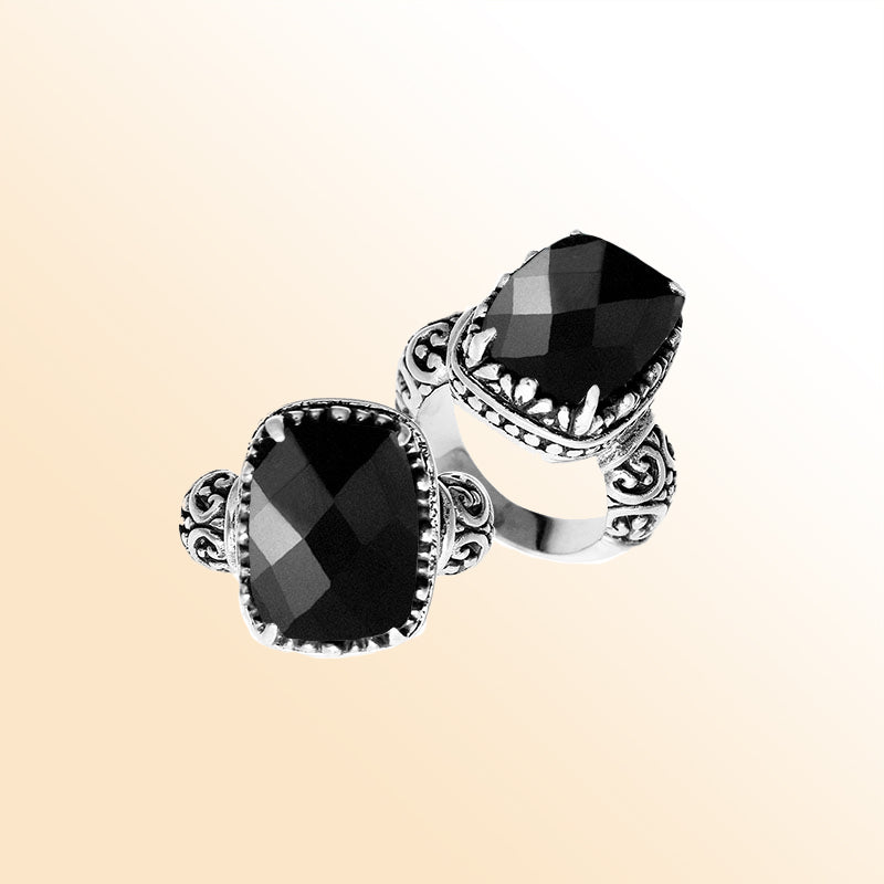Handcrafted Bali sterling silver cushion-cut Black Onyx ring with scrollwork design.