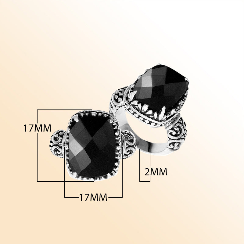 Handcrafted Bali sterling silver cushion-cut Black Onyx ring with scrollwork design.