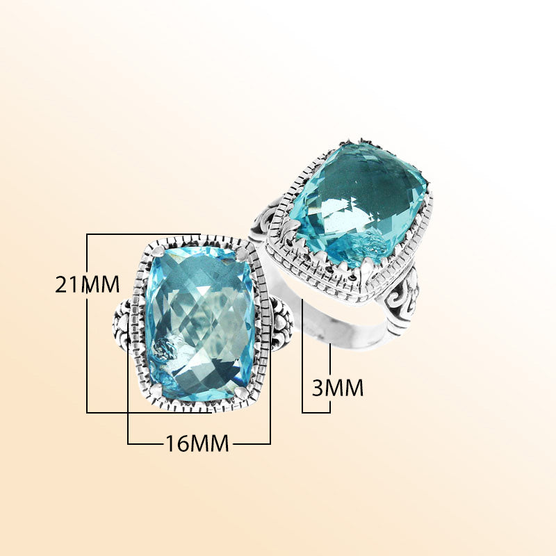 Handmade sterling silver Balinese ring with cushion-cut Blue Topaz Quartz.