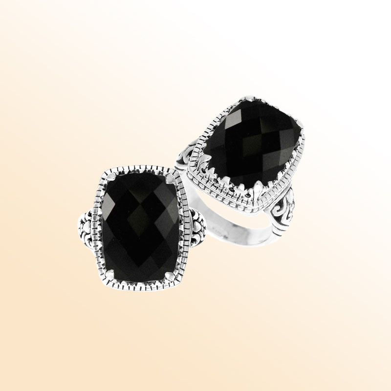 Handmade sterling silver Balinese ring with faceted cushion-cut Black Onyx Quartz.