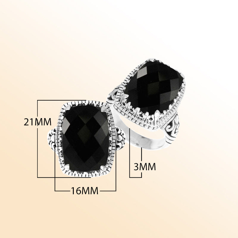Handmade sterling silver Balinese ring with faceted cushion-cut Black Onyx Quartz.