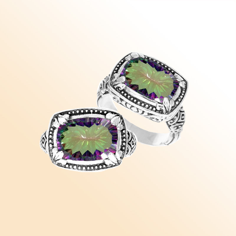 Handmade sterling silver Balinese ring with cushion-cut Mystic Quartz in shifting Green and Purple hues.