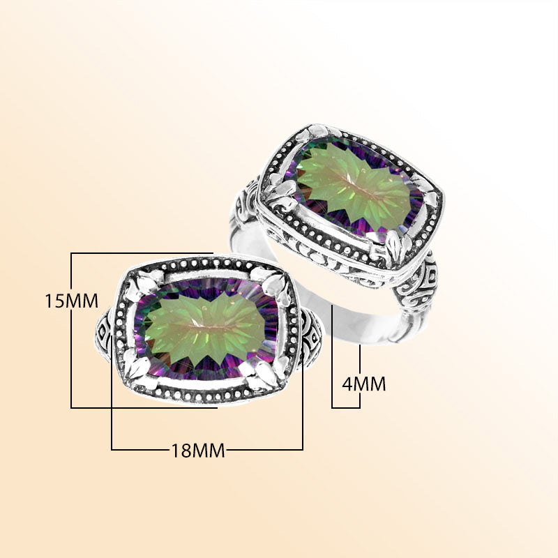 Handmade sterling silver Balinese ring with cushion-cut Mystic Quartz in shifting Green and Purple hues.