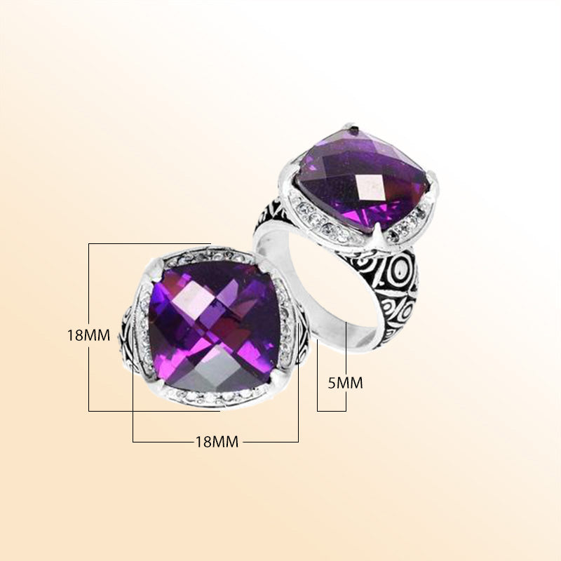 Handmade sterling silver Balinese ring with cushion-cut Amethyst Quartz in vivid purple hues.