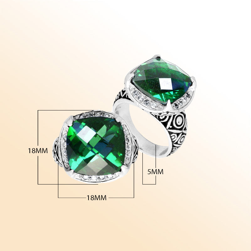 Handmade sterling silver Balinese ring with cushion-cut Green Quartz in vibrant tones.
