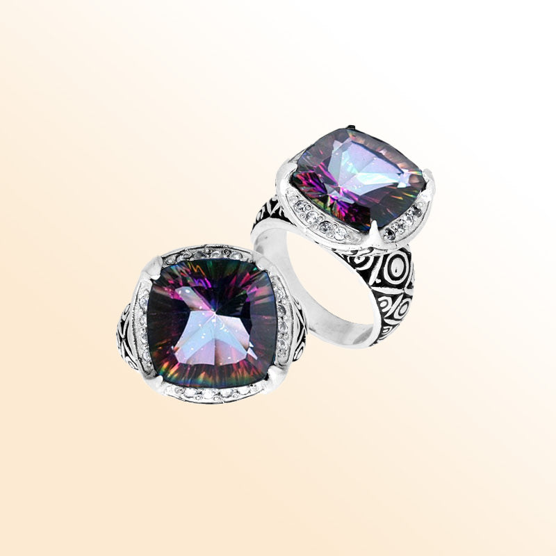 Handmade sterling silver Balinese ring with cushion-cut Mystic Quartz showing Multicolor brilliance.