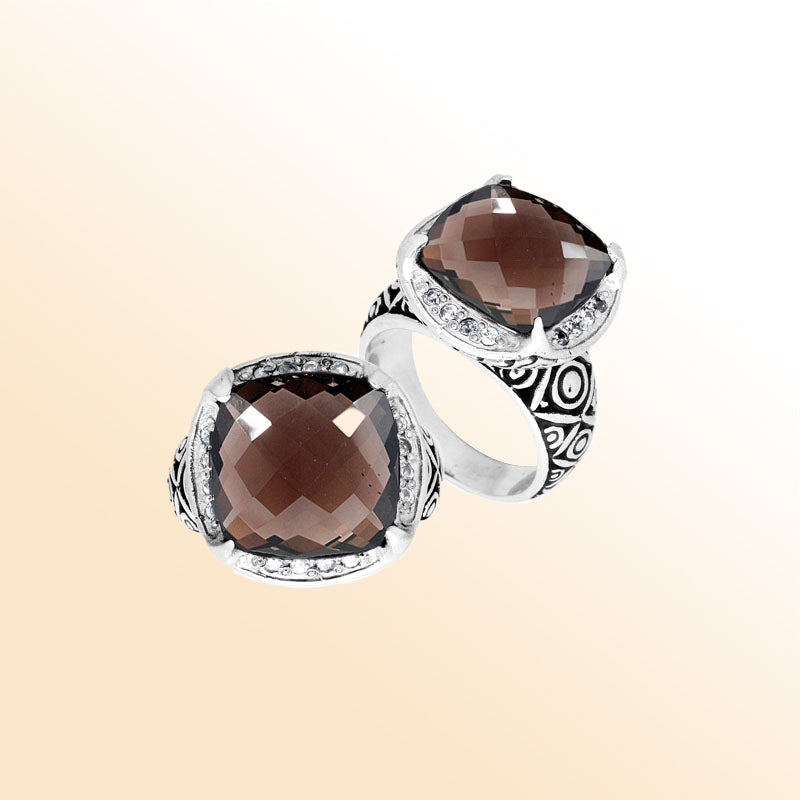Handmade sterling silver Balinese ring with cushion-cut Smoky Topaz Quartz in deep brown hues.
