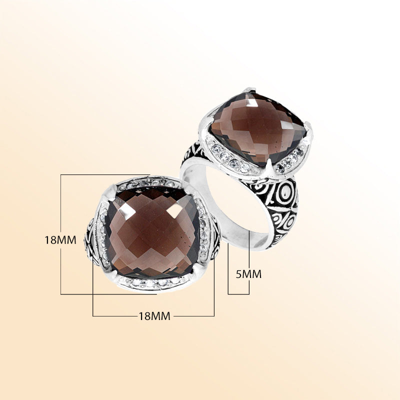 Handmade sterling silver Balinese ring with cushion-cut Smoky Topaz Quartz in deep brown hues.