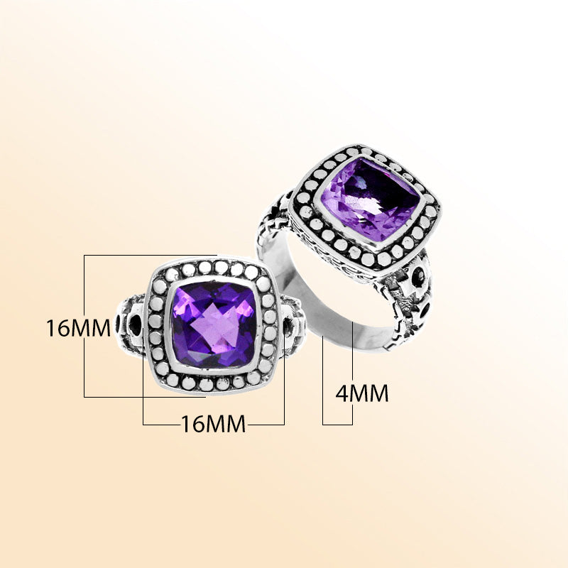 Handmade sterling silver Balinese ring with cushion-cut Amethyst Quartz in a dotted bezel design.