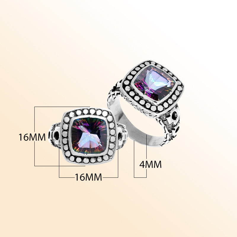 Handmade sterling silver Balinese ring with cushion-cut Mystic Quartz in dotted bezel design.